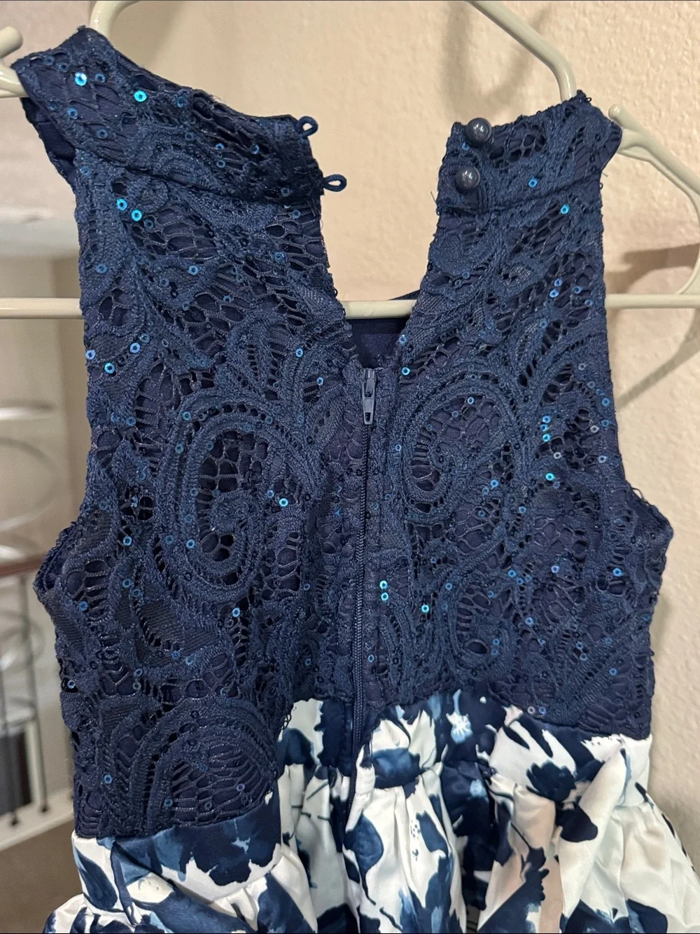 Speechless Navy Sequin Lace Bodice Floral Skirt Dress